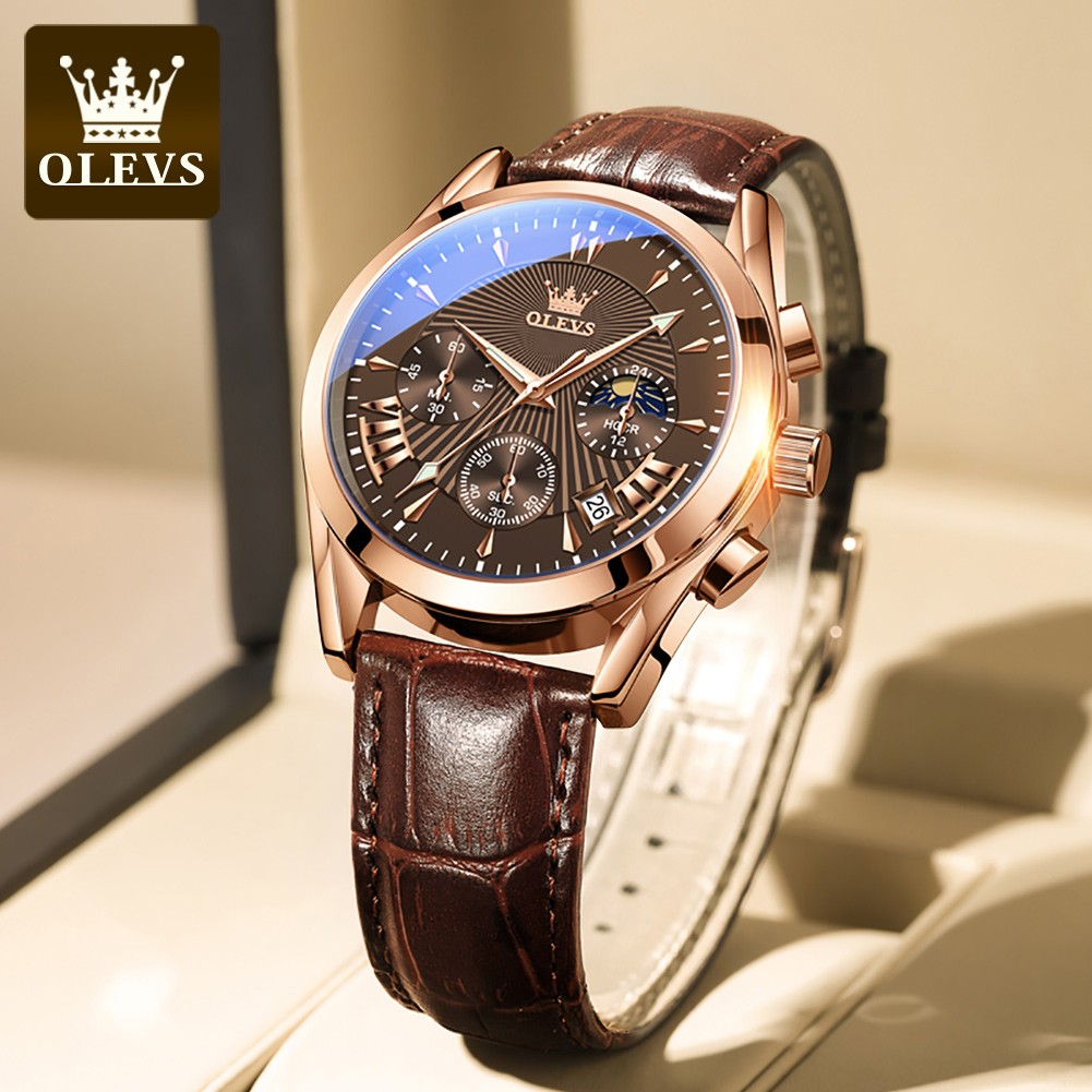 OLEVS Luxury Watch Men's Multifunctional Quartz Watch Business Style Leather Strap Waterproof Mens Calendar Chronograph Watch