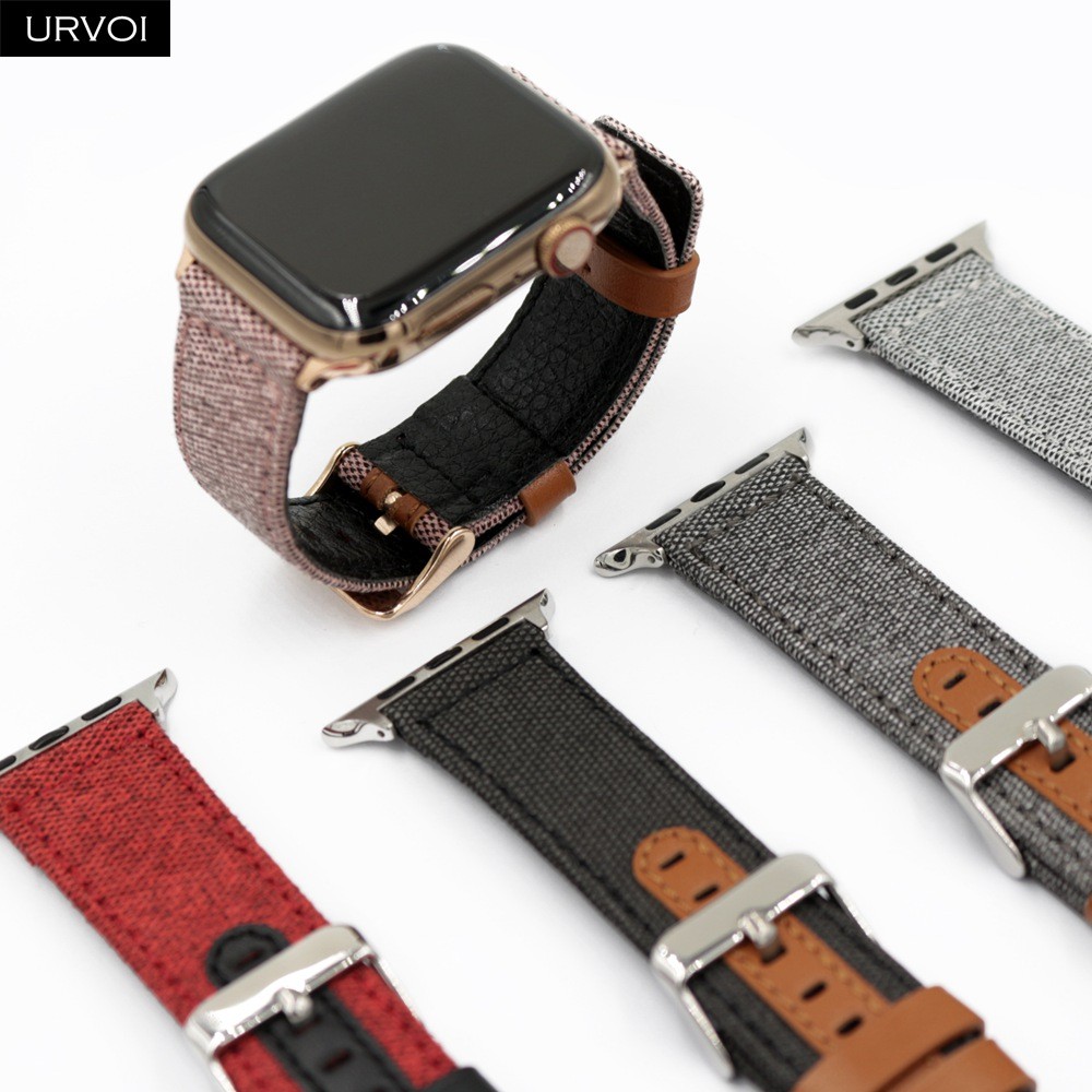 URVOI strap for apple watch 7 6 SE 5 4 3 2 1 band for iwatch canvas band 41 45mm outboard style leather back watch accessoiries