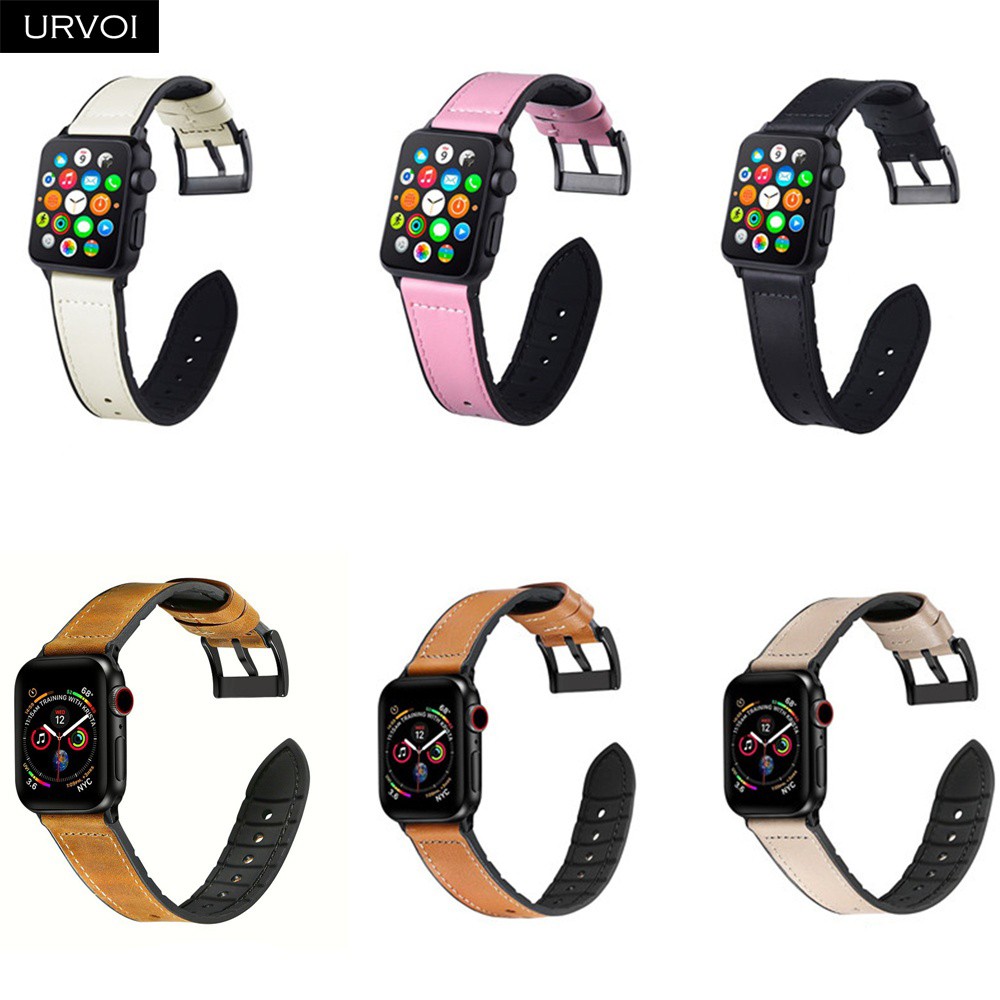 URVOI Strap for Apple Watch Series 7 6 SE 5 4 3 2 1 Leather Strap Silicone Back for iwatch Strap Breathable 41 45mm Buckle Black