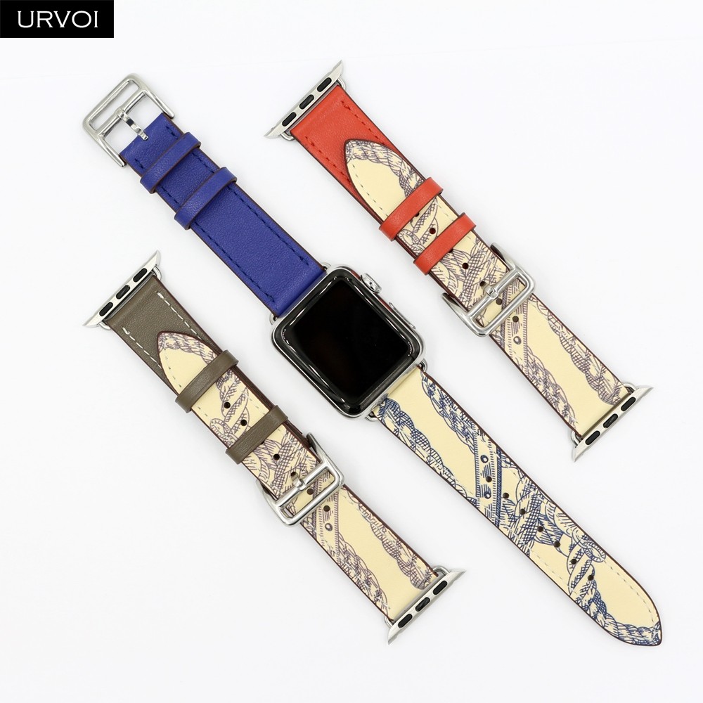 URVOI Printed One Round for Apple Watch Series 7 6 SE 5 4 3 2 Band Swift Leather Strap for iWatch 41 45mm Handmade Wristwatches 2020