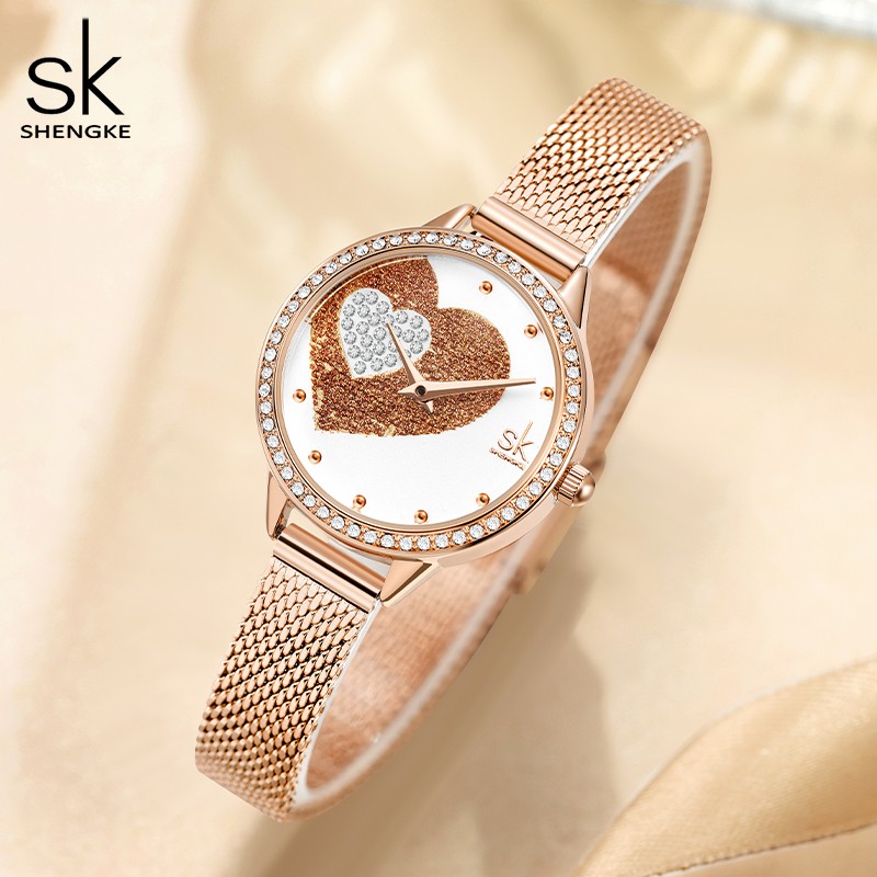 Fashion Casual Stainless Steel Women Quartz Watch Crystals Lady Holiday Gifts Beautiful Heart Rhinestone Dial Relojes Para Mujer