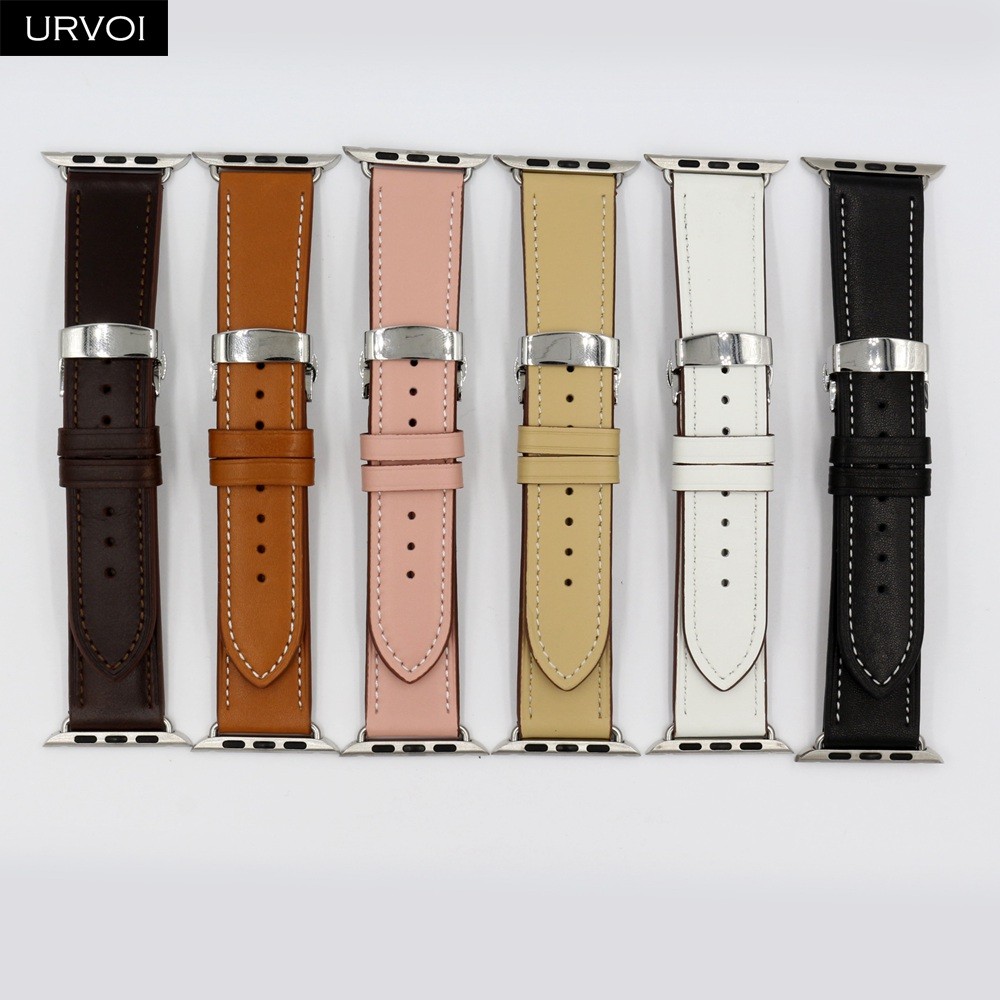 URVOI Deploy Buckle Band for Apple Watch 7 6 SE 5 4 3 Leather Strap for iwatch 41mm 45mm Single Round Design Butterfly Buckle