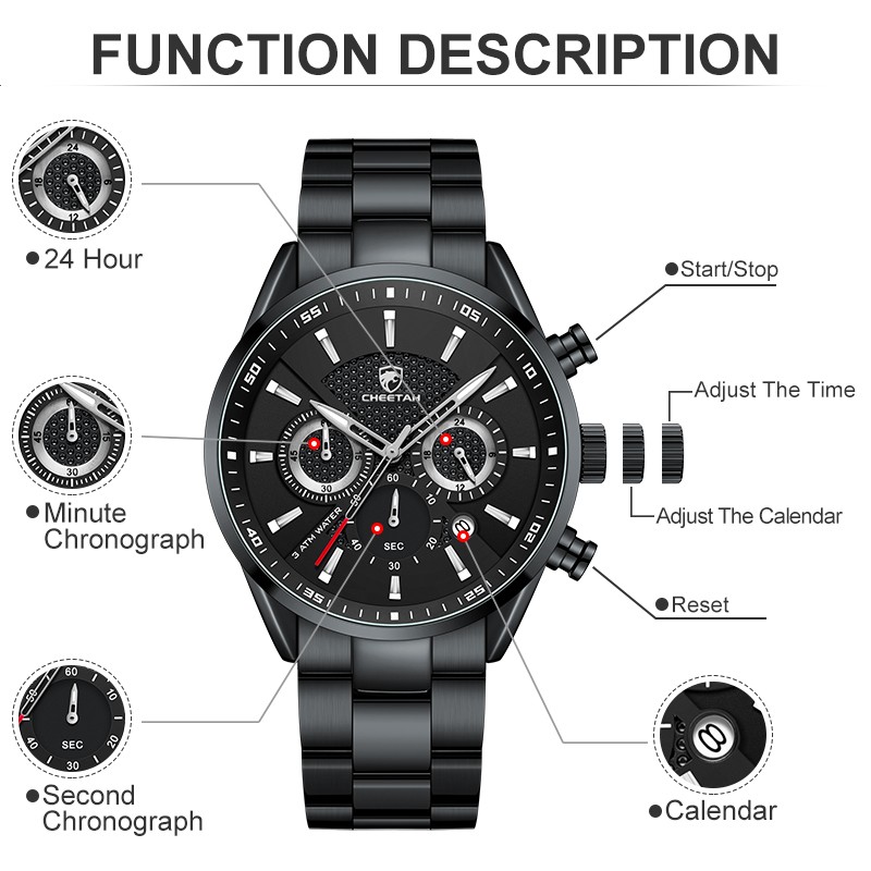 Brand Cheetah Men's Watch New Fashion Casual Automatic Date Chronograph Large Dial Stainless Steel Waterproof Quartz Watch