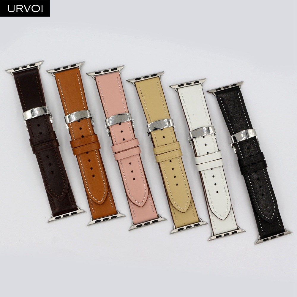 URVOI Deploy Buckle Strap for Apple Watch 7 6 SE 5 4 3 2 1 Strap for iwatch Strap Round Single Swift Leather Butterfly Buckle