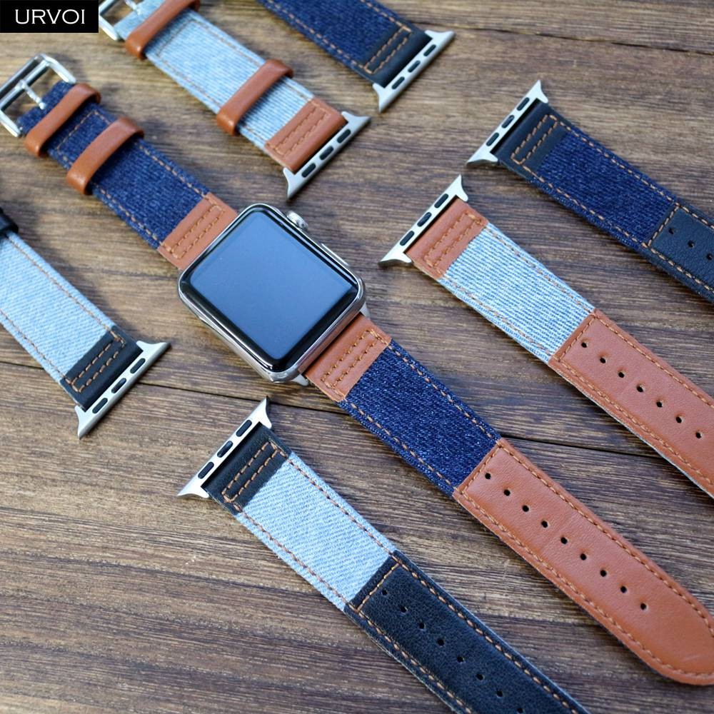 URVOI Canvas Band for Apple Watch Series 7 6 SE 5 4 3 2 1 Strap for iwatch 41 45mm Jeans with Leather Back Wrist Band 38 42mm