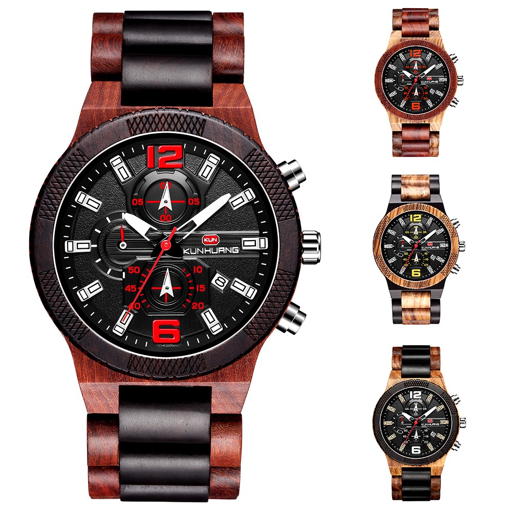 KUNHUANG Top Luxury Wooden Watches Men Sport Chrono Quartz Watches Men Date Luminous Wooden Watch Man Relogio Masculino