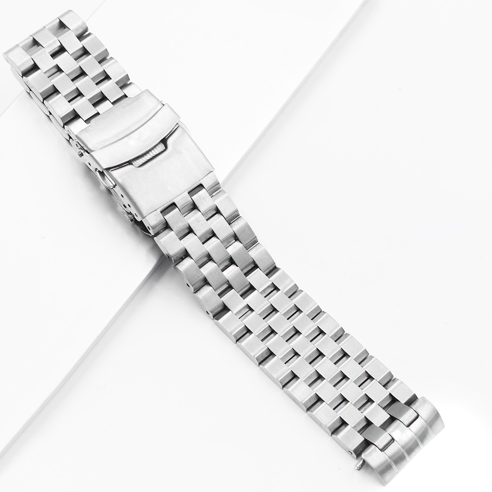 Carliot 22mm Silver Hollow Curved End Solid Links Replacement Watch Band Bracelet Double Push Clasp for Seiko