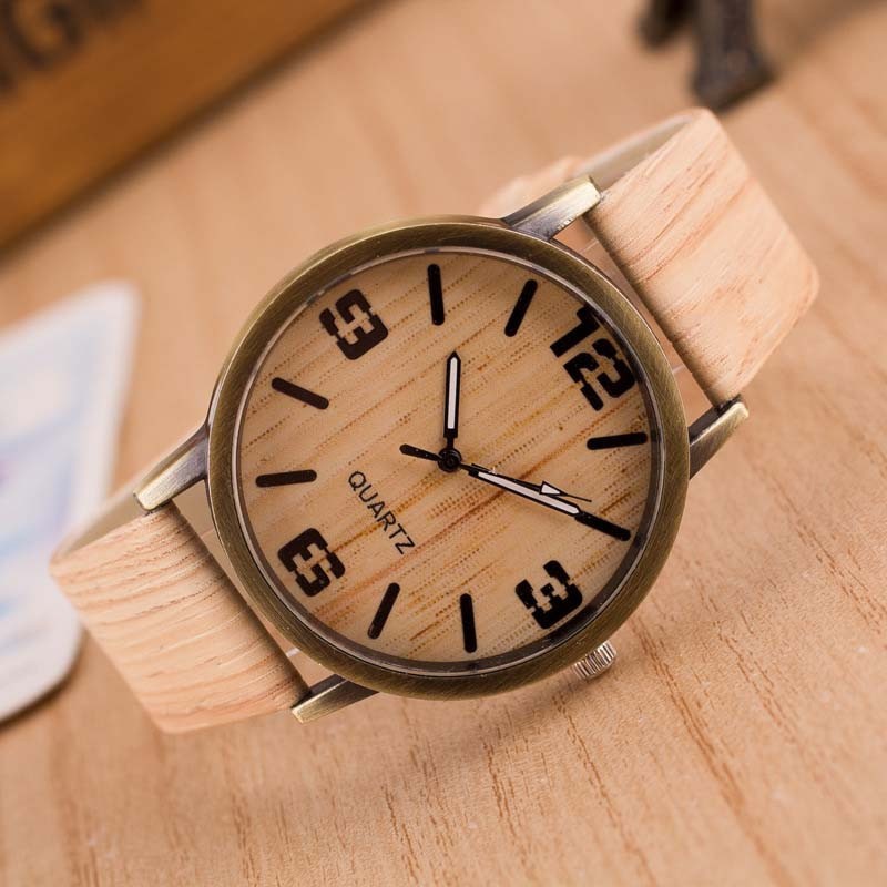 Hot Simulation Wooden Men's Quartz Watches Popular Casual Wooden Color Leather Strap Clock Creative Personality Male Wristwatch