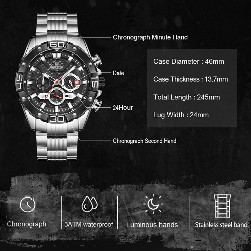 NAVIFORCE Men's Fashion Multifunction Watches Stainless Steel Sports Waterproof Wristwatch Casual Quartz Watch Relogio Masculino