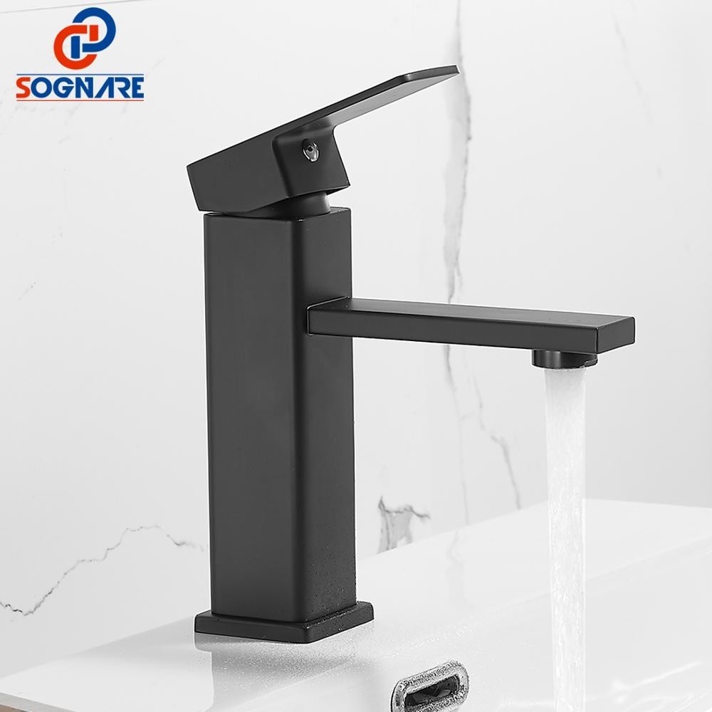 SOGANRE Basin Bathroom Sink Faucet Deck Mounted Hot Cold Water Basin Mixer Taps Matte Black Lavatory Sink Faucet Lever