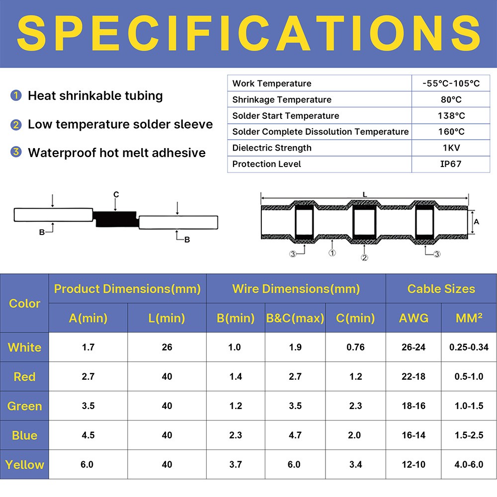 Haisstronica 250/500pcs Welding Wire Connectors Marine Grade Heat Shrink Wire Connectors Heat Shrink Butt Connectors