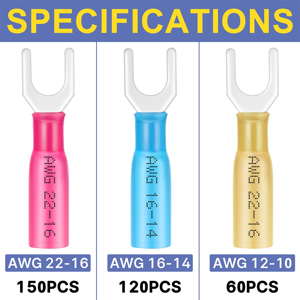 Haisstronica 330pcs #10 Marine Grade Heat Shrink Fork Connectors , 22-10 Gauge Tinned Copper Crimp Connectors Fork Terminals