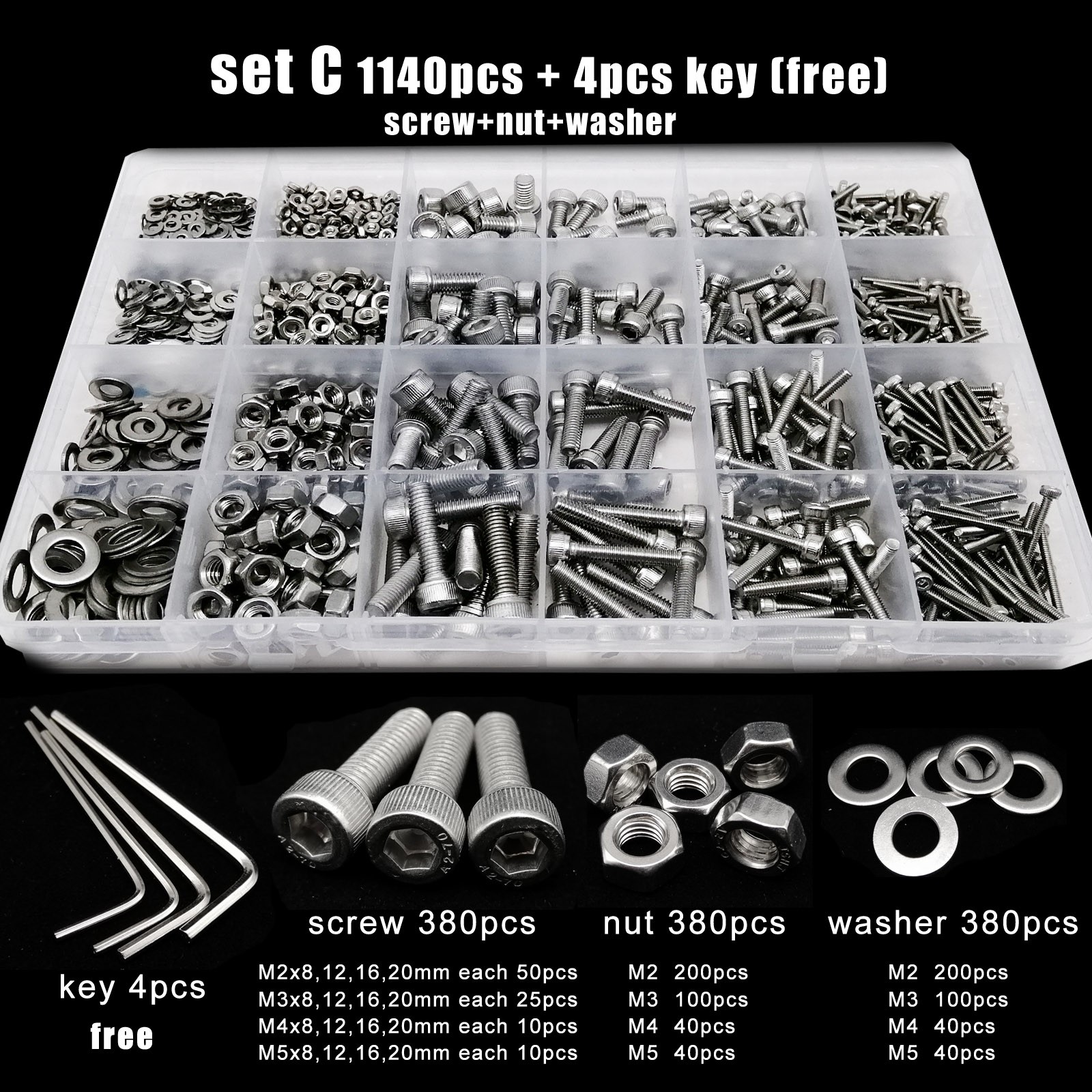 Total 400/650/1140/2100X M1.6 M2 M2.5 M3 M4 M5 304 Stainless Steel Hex Handle Hex Socket Cap Head Screw Bolt Nut Set Assortment Kit