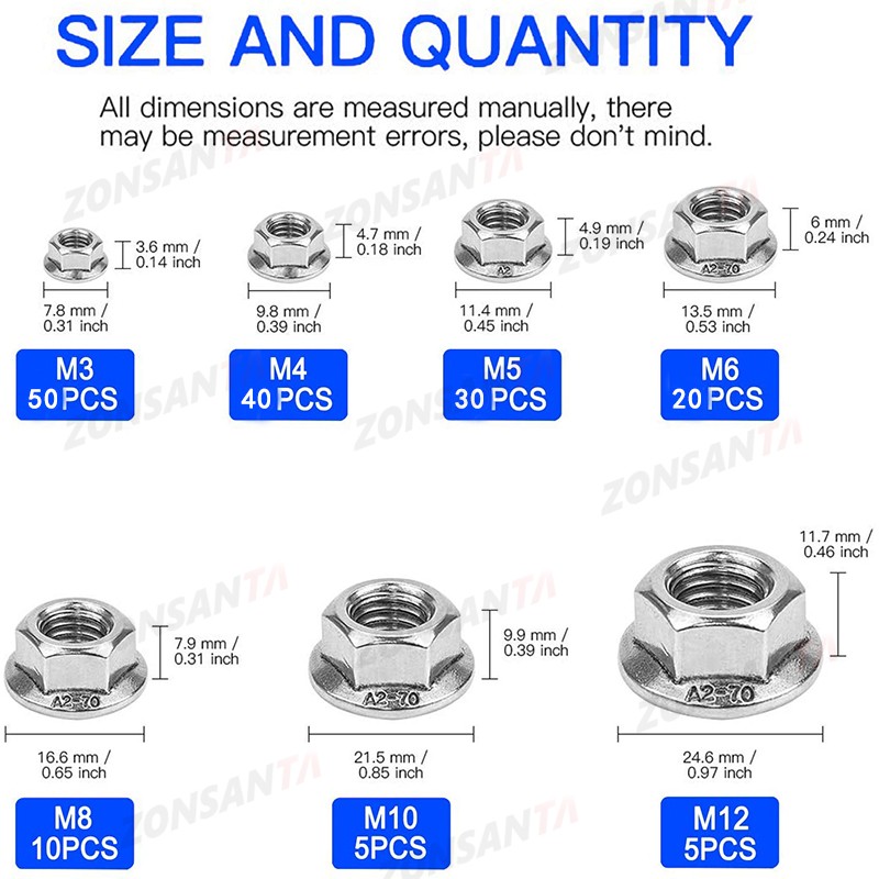 ZONSANTA160pcs حافة سداسية الأشكال المكسرات M3 M4 M5 M6 M8 M10 M12 304 الفولاذ المقاوم للصدأ العالمي Locknuts مجموعة تشكيلة كيت DIN6923