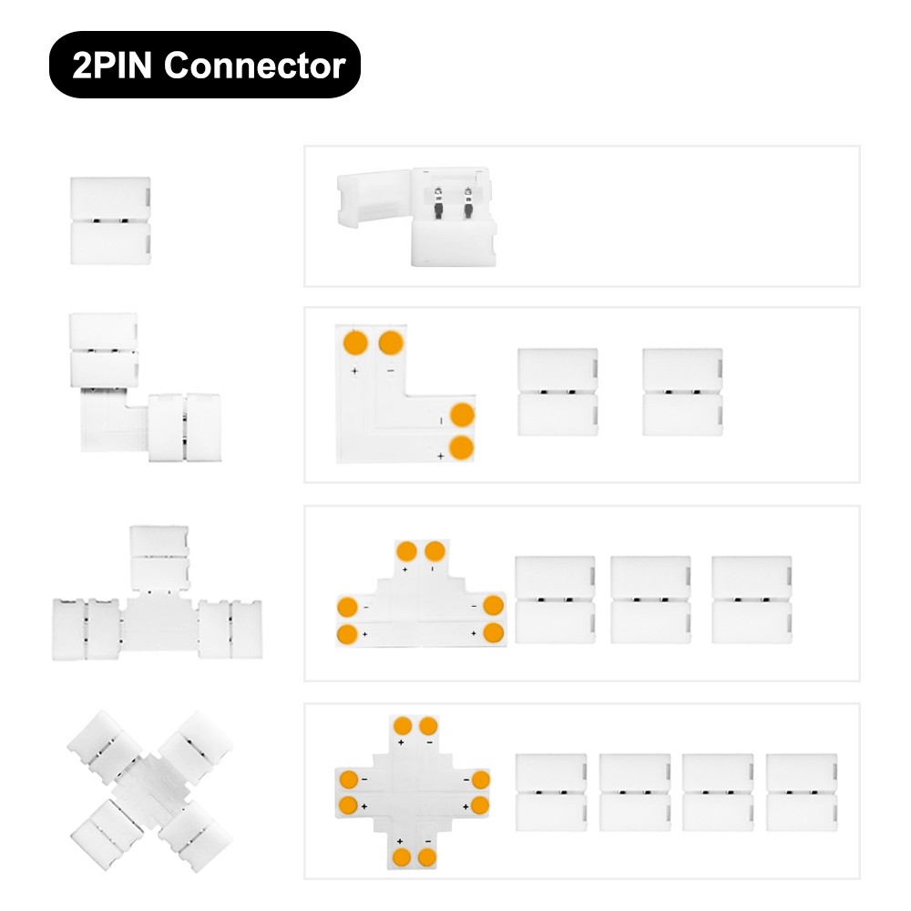 Solderless Connector for WS2812 WS2811 5050 RGB, 10mm, 2/3/4/5 Pin, T L/X Corner Connector, No Solder, LED Strip