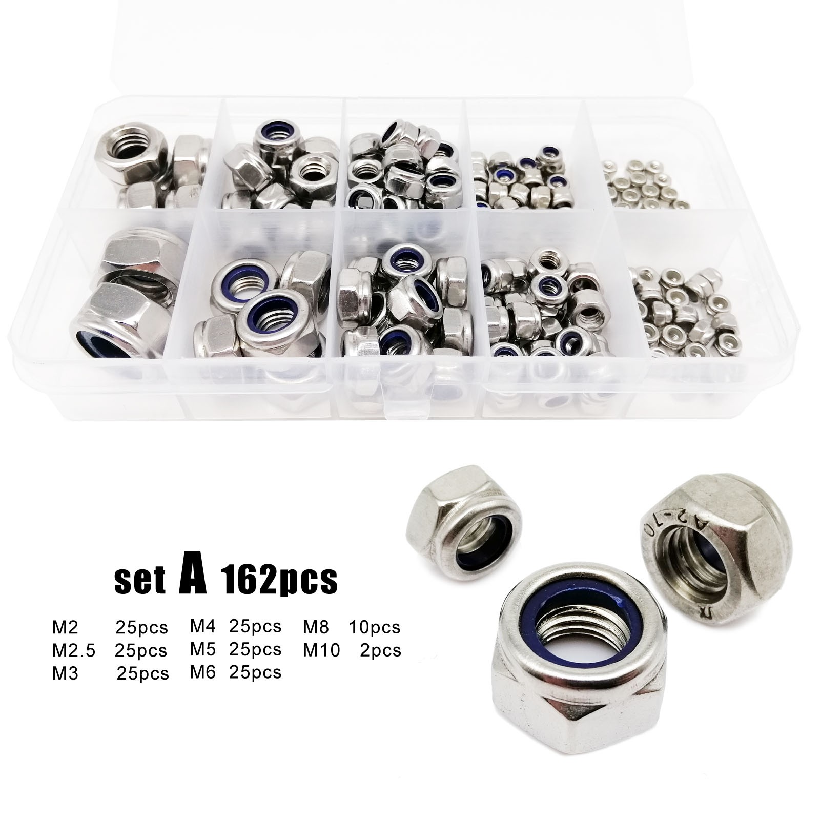 162/357pcs M2 TO M12 DIN985 304 Stainless Steel Hex Knob Nylon Insert Lock Nut Assorted Hex Self-locking Nylock Lock Set