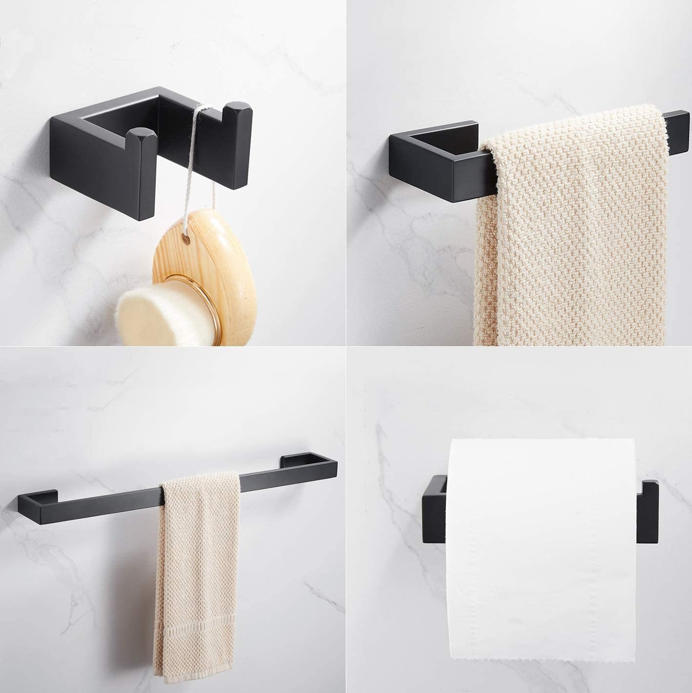 TAICUTE 4 Pack Bathroom Accessories Set Towel Bar Clothes Hook Toilet Paper Holder Wall Mount Stainless Steel Shower Hardware, Black