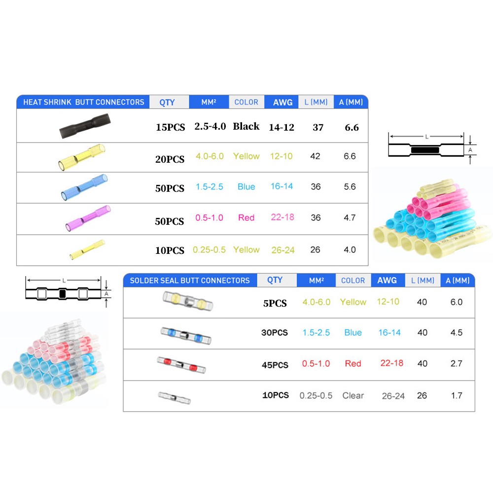 800/400/200pcs Heat Shrink Connector, Weld Seal Wire Connectors, Heat Shrink Butt Crimp Connectors Electrical Wire Terminals