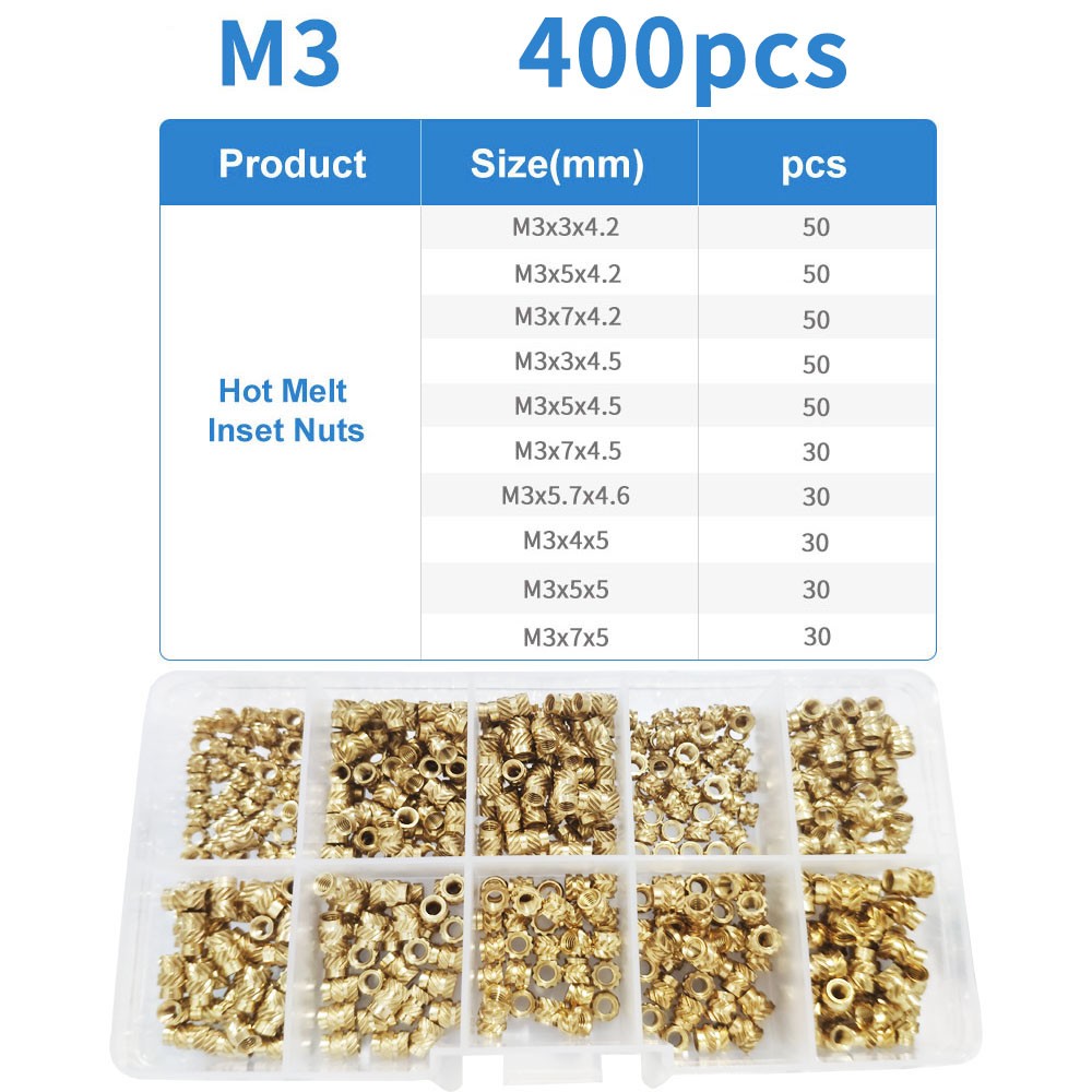 M3 400pcs Copper Hot Melt Inside Nuts Assorted Thread Brass Knurled Threaded Insert Embedment Nuts Set