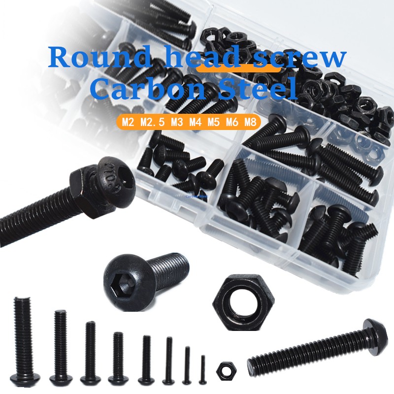 Hex Hexagon Threaded Head Button Head Socket Nut Black Carbon Steel M2 M2.5 M3 M4 M5 M6 M8 Allen Round Head Screw Set Bolt and Nut Set