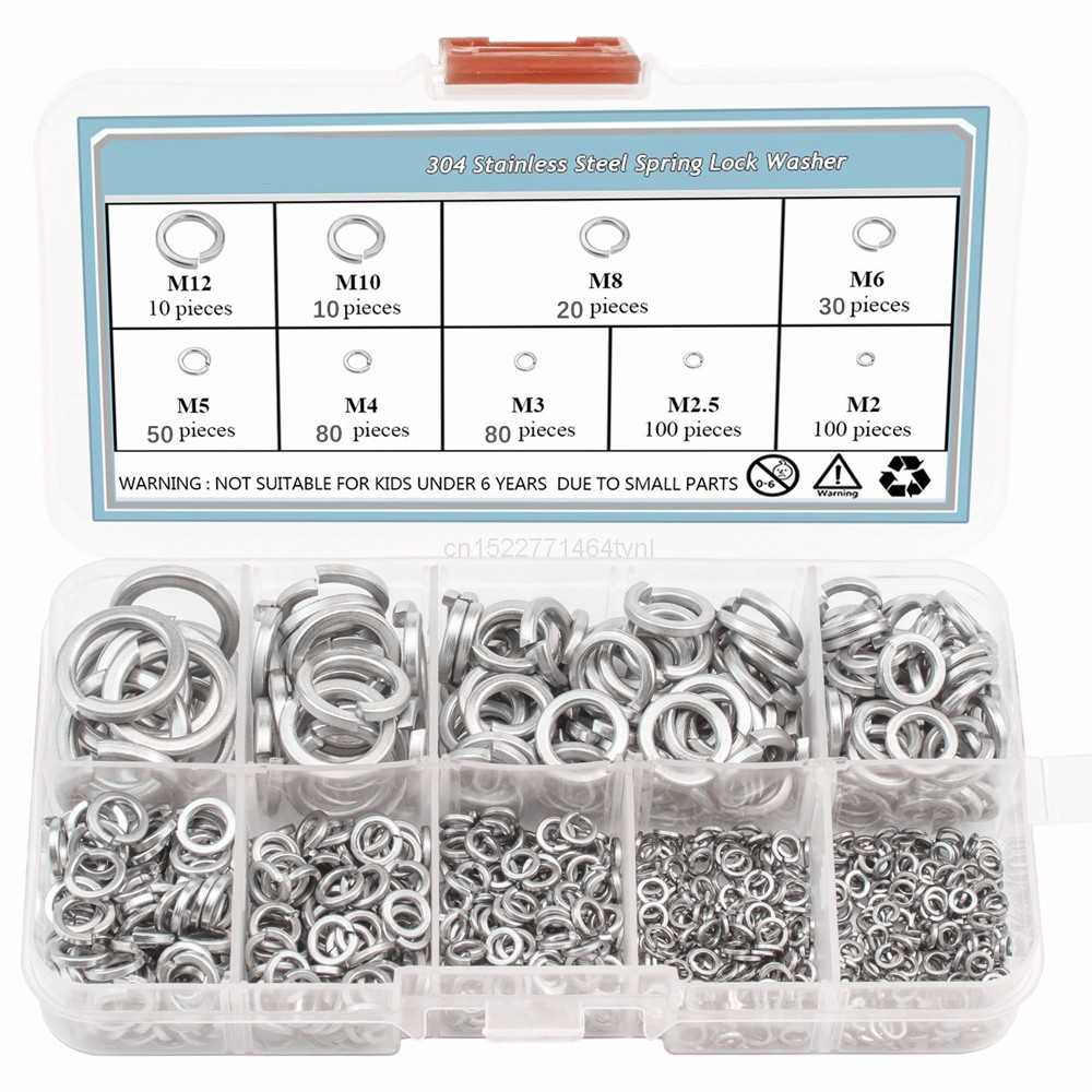 480pcs 304 Stainless Steel Spring Lock Washer Assortment Set, 9 Sizes - M2 M2.5 M3 M4 M5 M6 M8 M10 M12