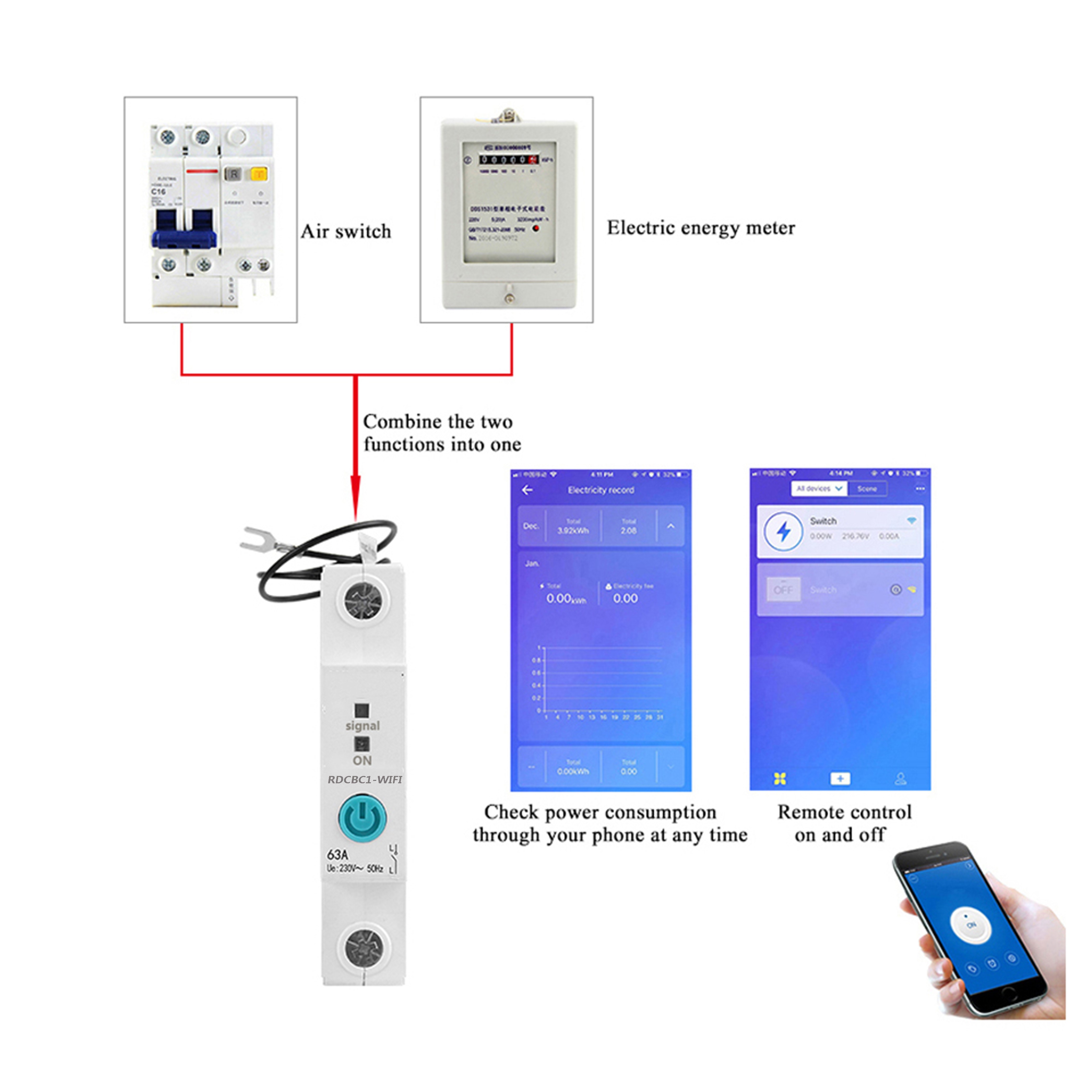 1P Din Rail WIFI Smart Energy Meter Energy Consumption KWh Meter Circuit Breaker Time Timer Switch Relay Voltmeter For Smart Home