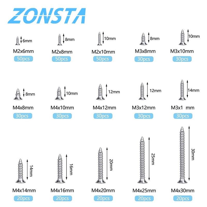 M2 M3 M4 460pcs Countersunk Flat Head Tapping Screws Set 304 Stainless Steel Small Cross Recessed Wood Screw Assorted Set