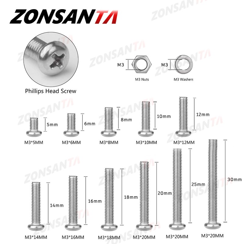 ZONSANTA 480/660pcs Cross Round Head Screw Set M2 M2.5 M3 M4 Ring Nut Stainless Steel Screw Phillips Head Machine Screw