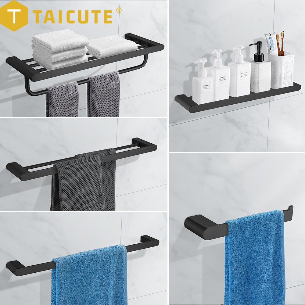 TAICUTE Black Bathroom Accessories Hardware Sets Premium Steel Towel Rack Bar Hook Paper Roll Holder Toilet Brush