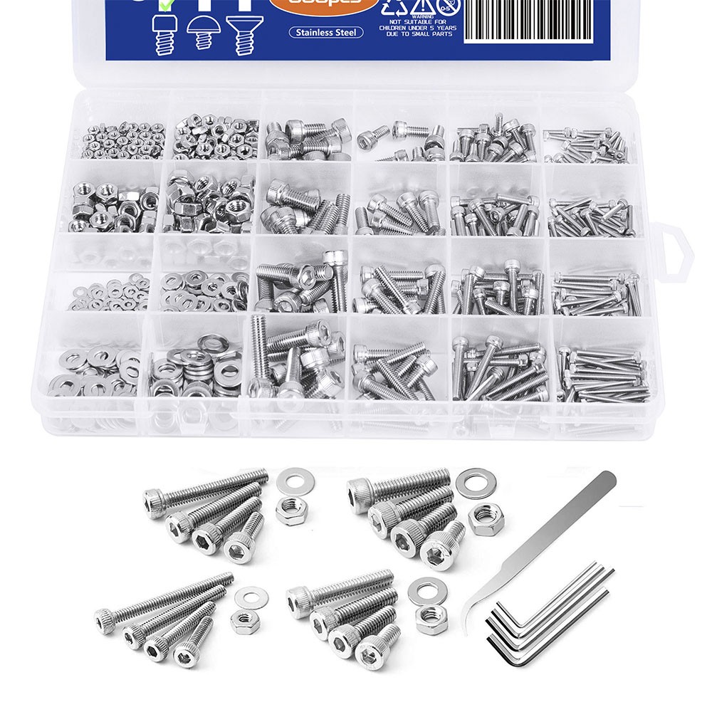 880pcs Hexagon Head Hex Socket Cap Screw Set M2 M3 M4 M5 304 Stainless Steel Flat Button Head Cap & Nuts & Washer Assorted Set