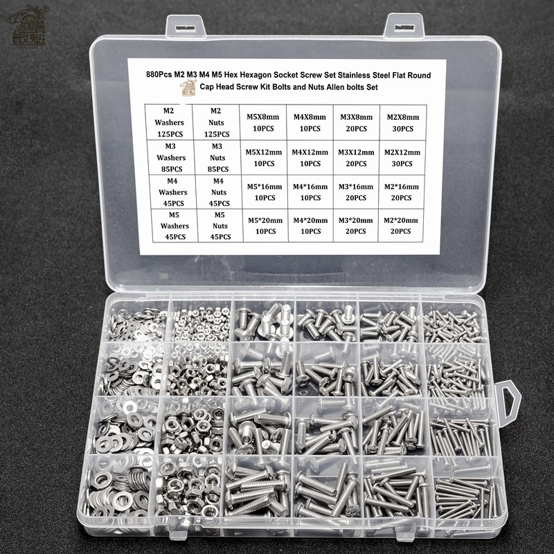 860pcs M2 M3 M4 M5 Hex Hexagon Socket Screw Set Stainless Steel Flat Round Cap Head Screw Kit Screws and Nuts Allen Bolts Set