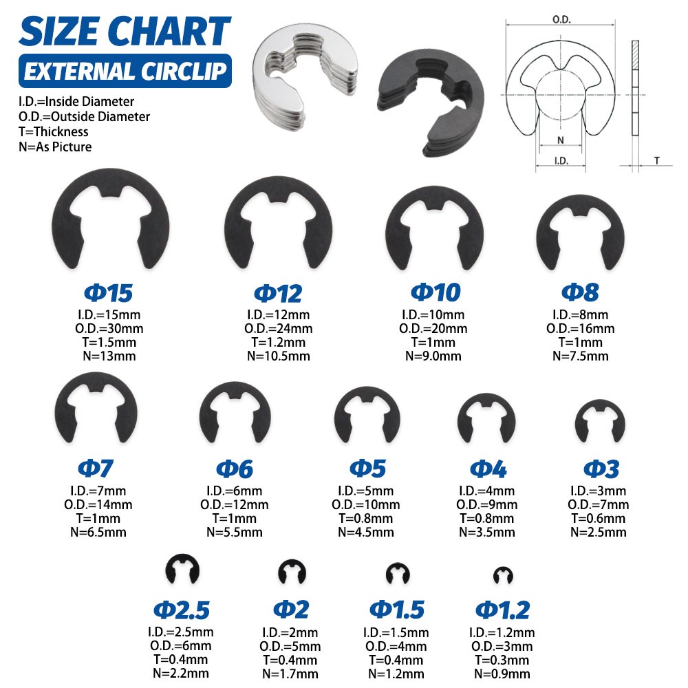 290pcs Alloy Steel E Clip Circuits Washer Assortment External Circles Retaining Ring For Shaft Fastener Shaft Pulley 1.2-15mm
