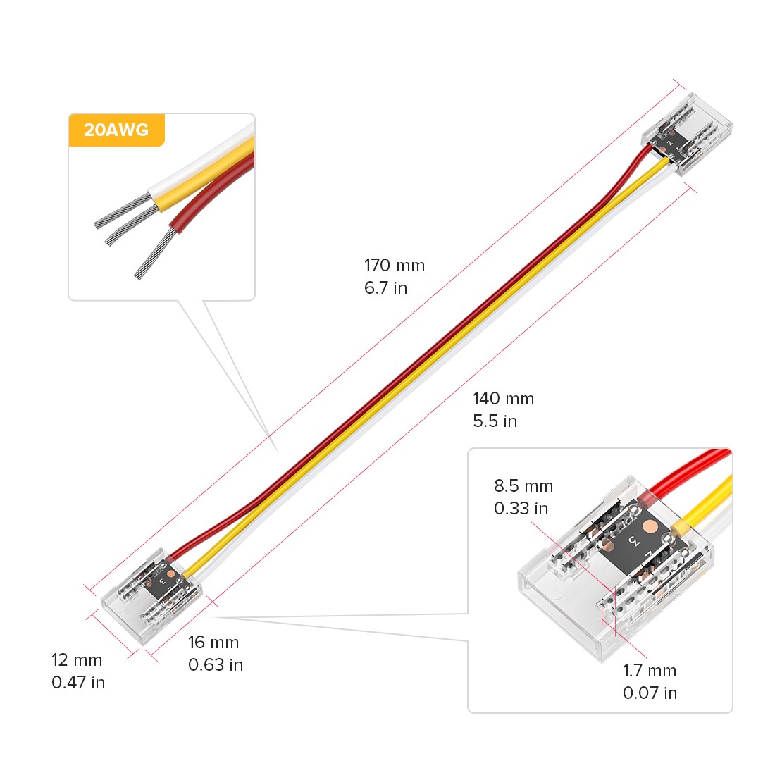 5pcs Single Double End Cover Solderless Transparent Connector 15cm Wire for FCOB Dim CCT RGB LED Strip 6mm 8mm 10mm 2pin 3pin 4pin