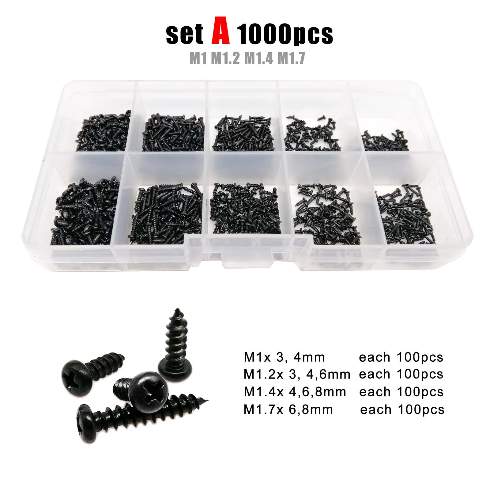 Round Head Wood Screws Set 700 or 2010pcs M1 M1.2 M1.4 M1.7 M2 M3 M4 Black Steel Small Cross