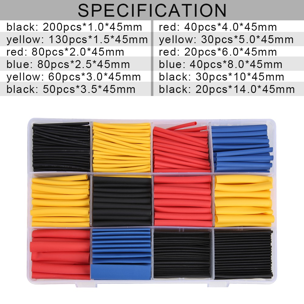 780pcs/box Heat Shrinkable Tube Polyolefin Insulated Sleeve Tubing Set Heat Shrink Tubing Wire Cable 8 Sizes 2:1s