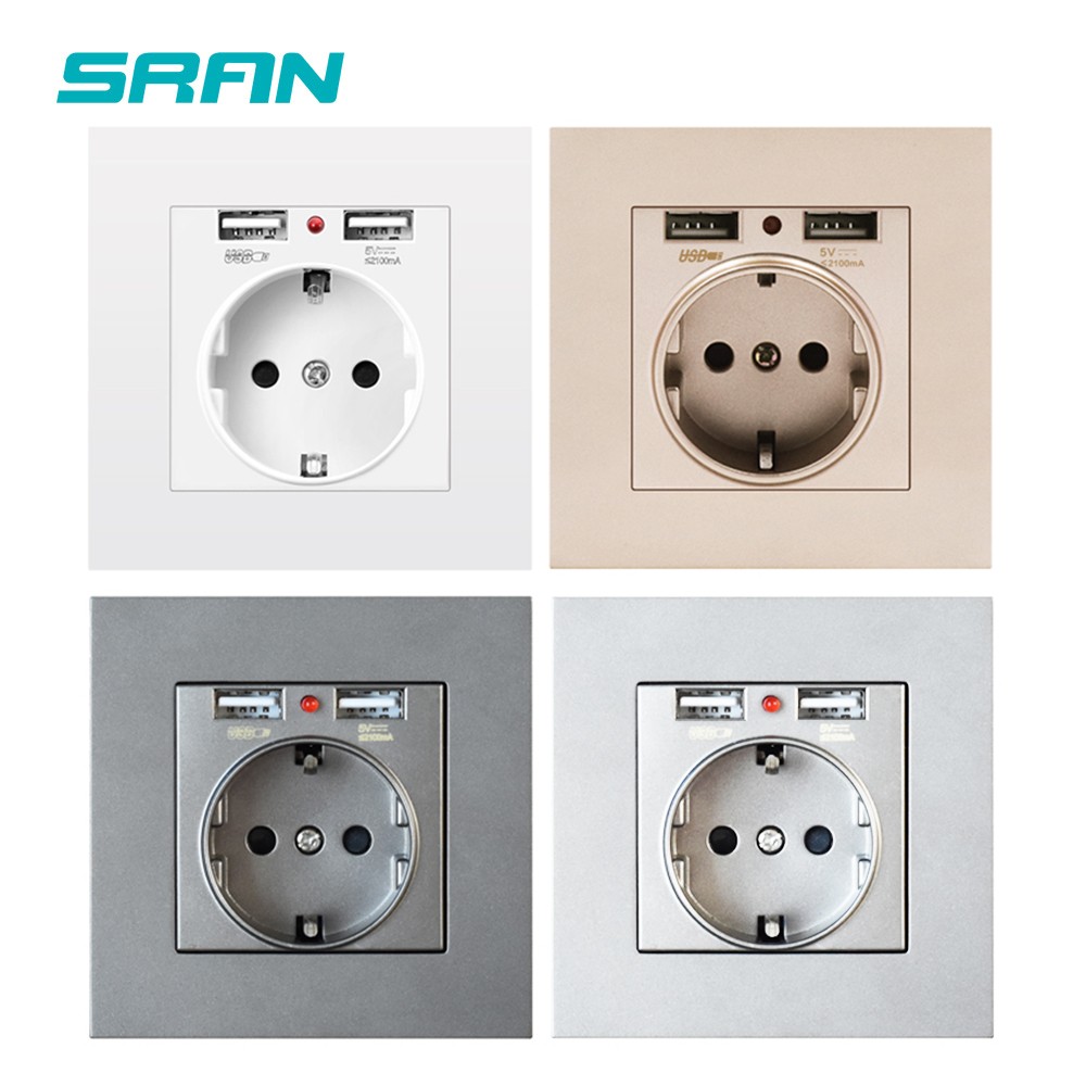 EU Power Socket,Socket With Usb Charging Port 2.1A 16A Sliver Computer Board 86mm*86mm Russia Spain SRAN Wall Socket