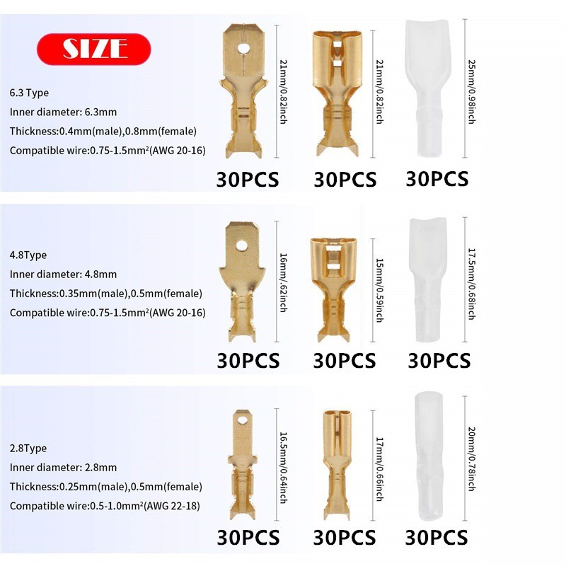 540pcs/lot 2.8/4.8/6.3mm Female and Male Crimp Terminal Connector Gold Copper/Silver Car Speaker Electrical Wire Connectors Set