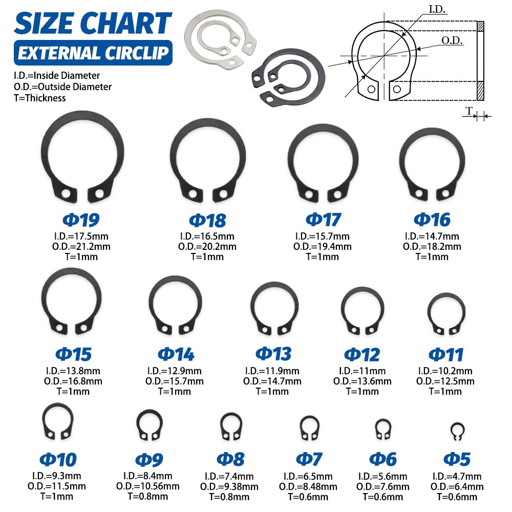 SANJODS C Clip External Circles Snap Retaining Rings Set Stainless Steel Alloy Steel C-Clip Snap Washers 5-19mm Assortment