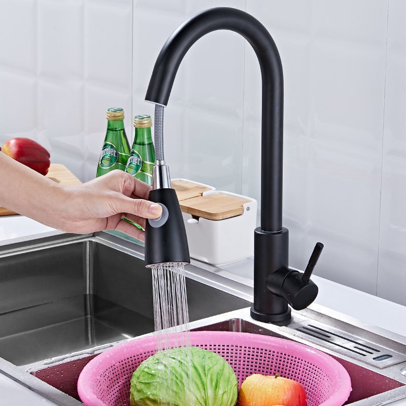 Stainless Steel Pull Out Faucet Hot and Cold Double Tube Rotate Wash Basin Faucet Telescopic Pull Down Kitchen Faucet