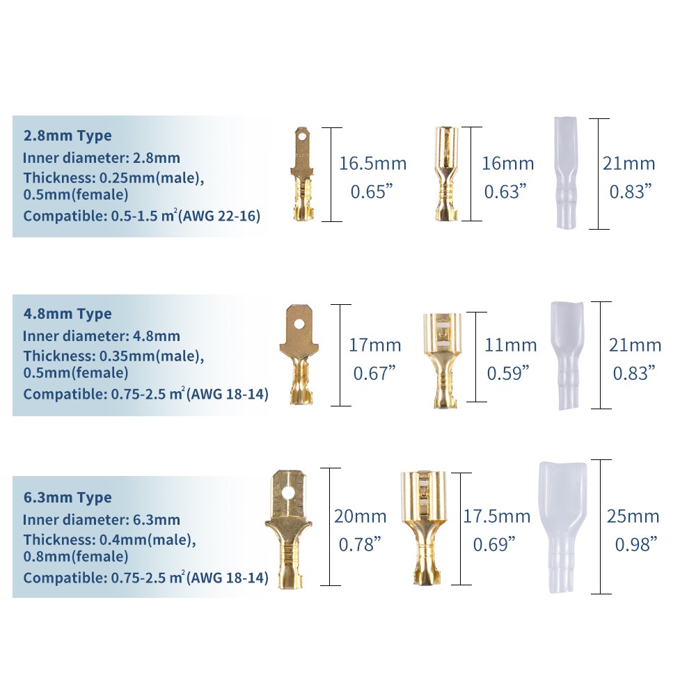 Insulated Box Wire Positive Negative Conductor 2.8/4.8/6.3mm Crimp Terminal Electrical Spade Connectors Assorted Kit