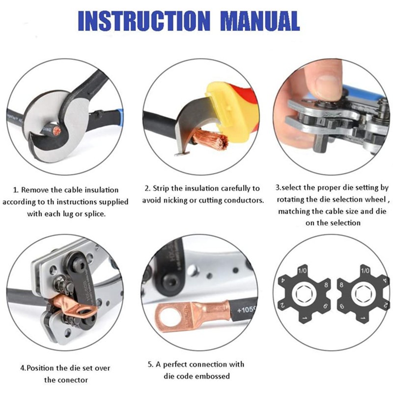 HX-50B Cable Lug Crimping Tool for Heavy Duty Wire Lugs, Battery Terminal, Copper Lugs AWG 8-1/0 with 60pcs Copper Insulated Terminals