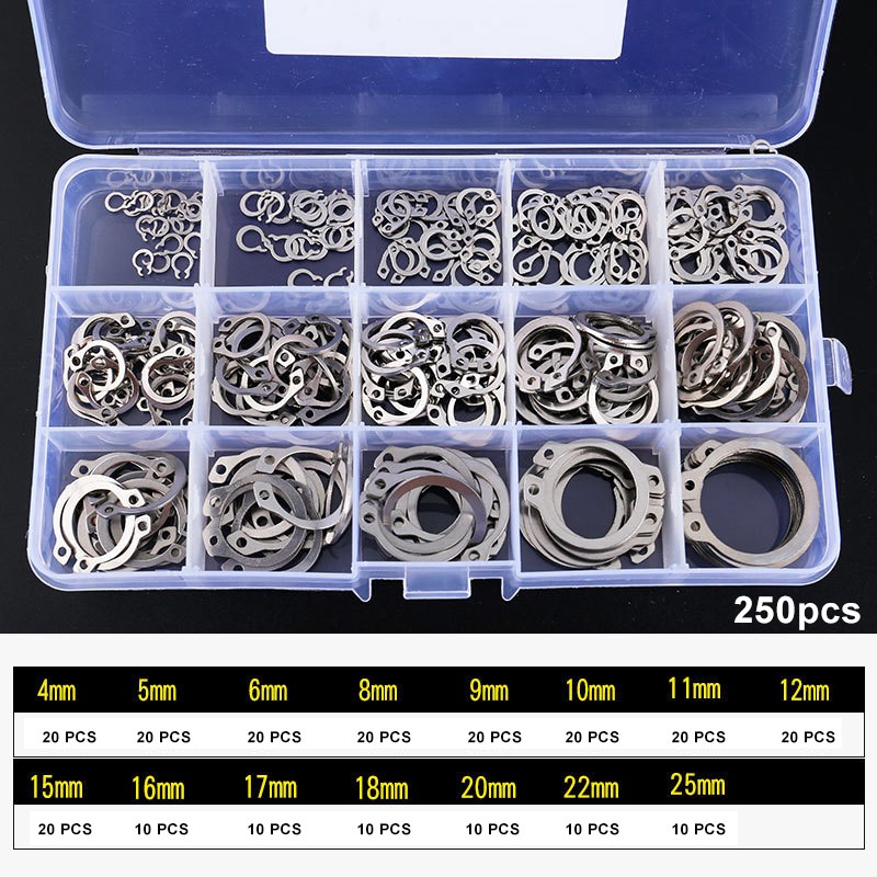 150/250pcs 304 stainless steel outer circles retaining ring assorted set 4-25mm 15 sizes xqmg