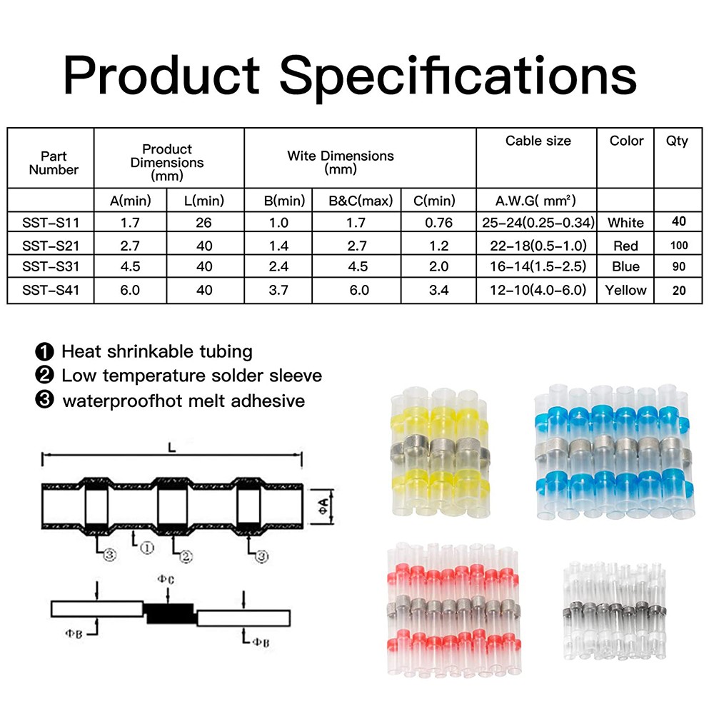 50/100pcs Welding Wire Seal Connectors Welding Sleeve Waterproof Butt Splice Wire Terminals for Marine Cars Boat Wire Joint