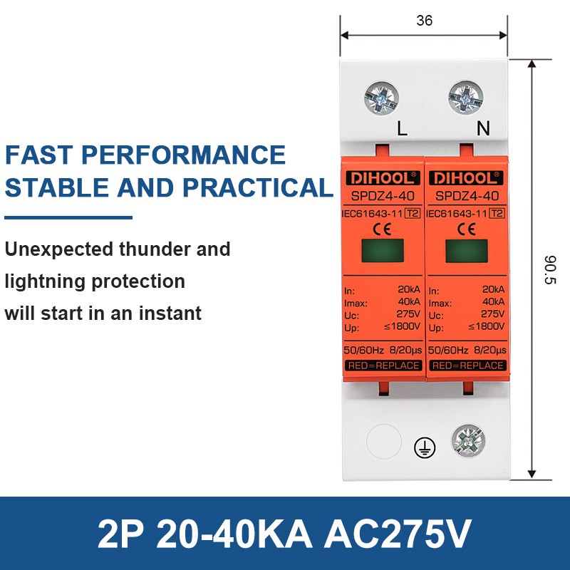 Household Surge Protection Device MCB AC 275V SPD 2P 20KA~40KA Surge Protection Device Lightning Protection Earth Protection