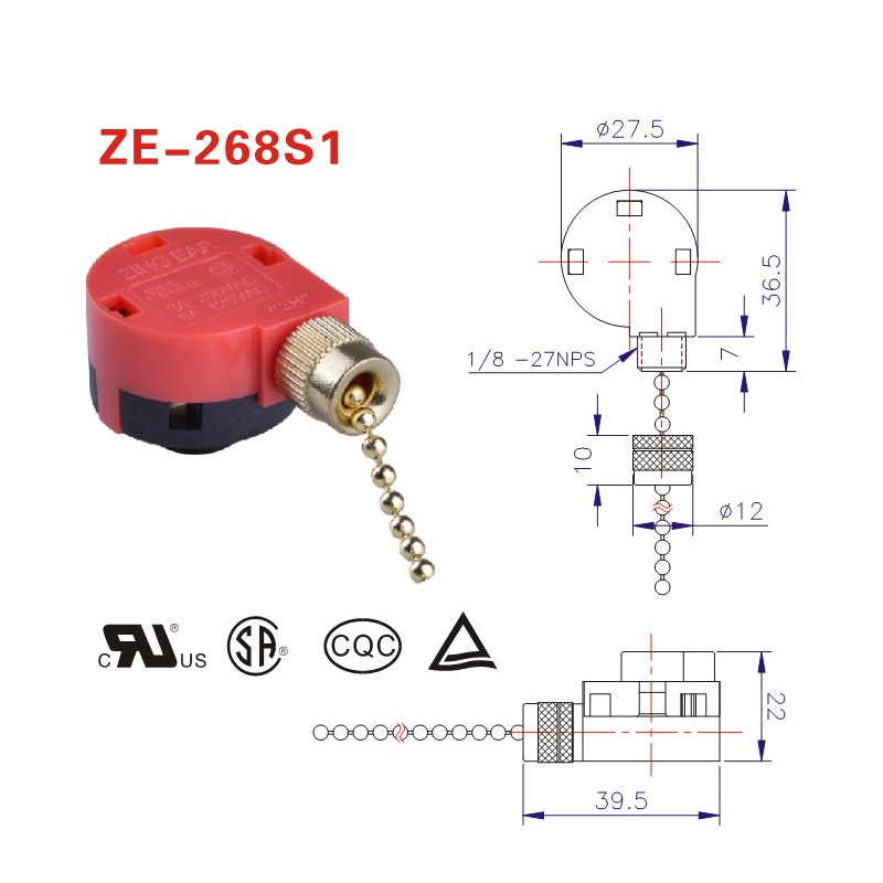 Red Ceiling Fan Switch 3 Speed ​​4 Wire ZE-268S6 Fan Pull Chain Switch Replacement Speed ​​Control Switch