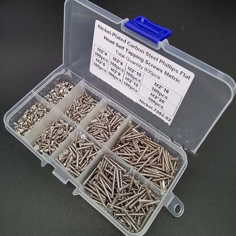 800pcs M2 Stainless Steel Self Tapping Wood Screw Assorted Set Lock Nut Wood Flat Head Thread Nail Screw Fastener Sets