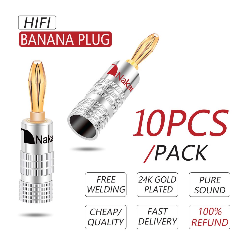 10pcs/lot Speaker Banana Plug Connectors 24K Gold Plated 4mm Banana Male Plug Wire Connector Audio Adapter