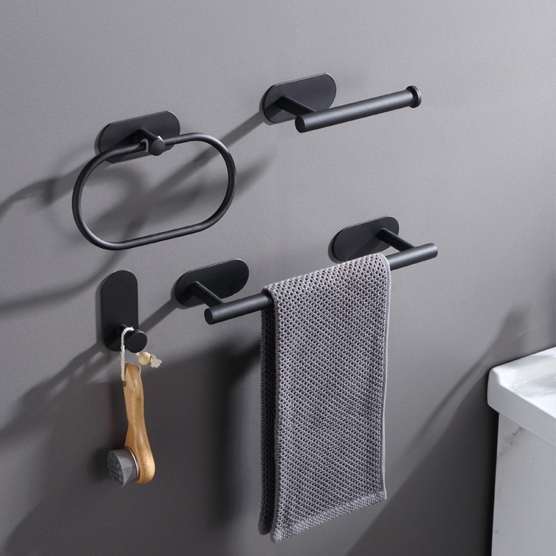 No Drilling Stainless Steel Self Adhesive Towel Bar Paper Holder Clothes Hook Towel Ring Black Golden Bathroom Accessories Set