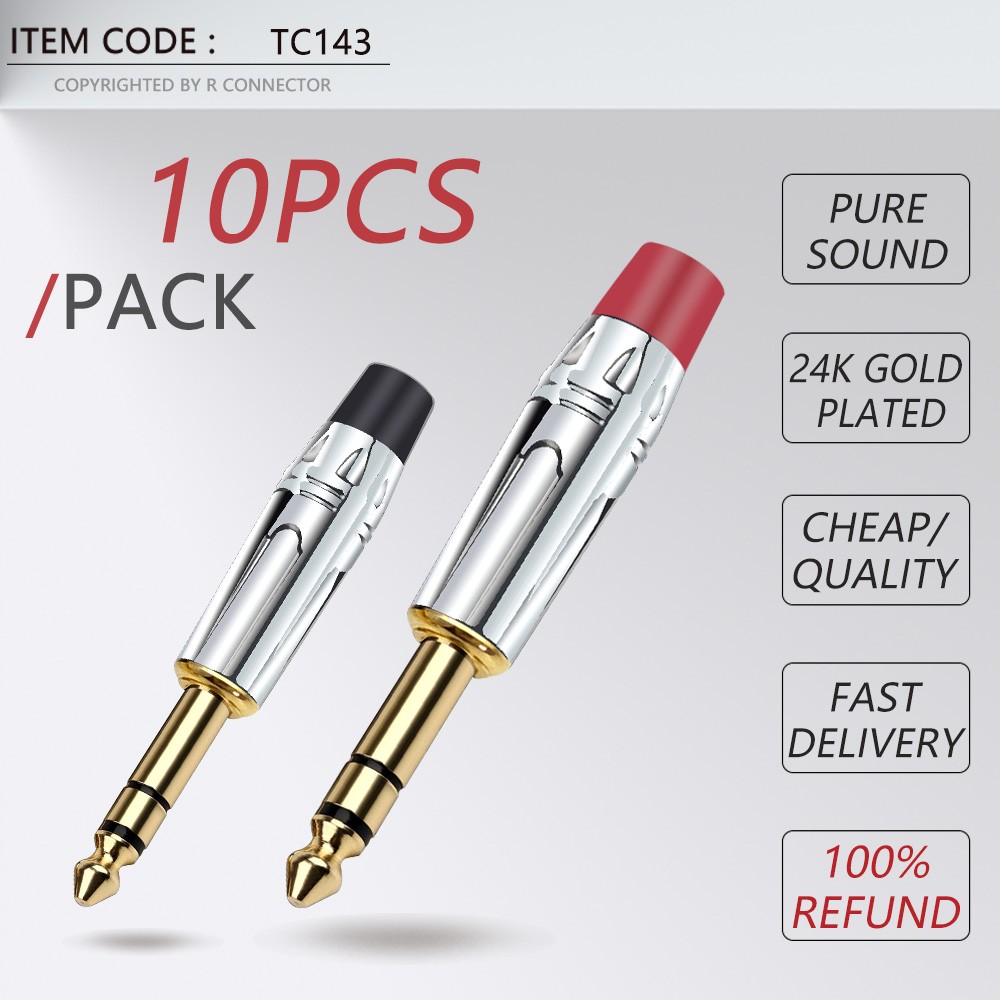 Male Plug, 10pcs 6.35mm Jack 3 Poles Stereo 6.3mm Gold Plated Copper Solder Wire Connector 1/4 Inch Microphone Jack