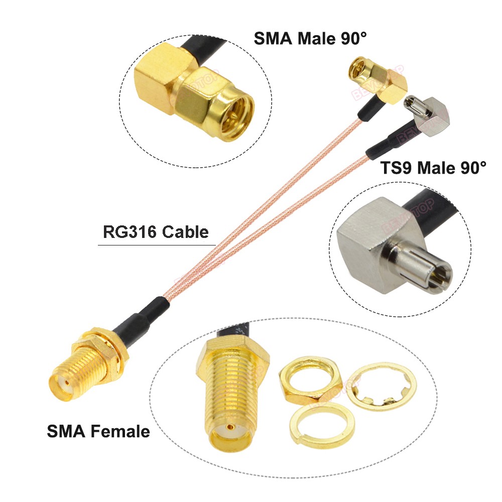 SMA Female to TS9 Male 90 Degree SMA Male 90 Degree Right Angle Y Type Splitter Combiner WiFi Antenna Extension Cable RG316 Pigtail Jumper